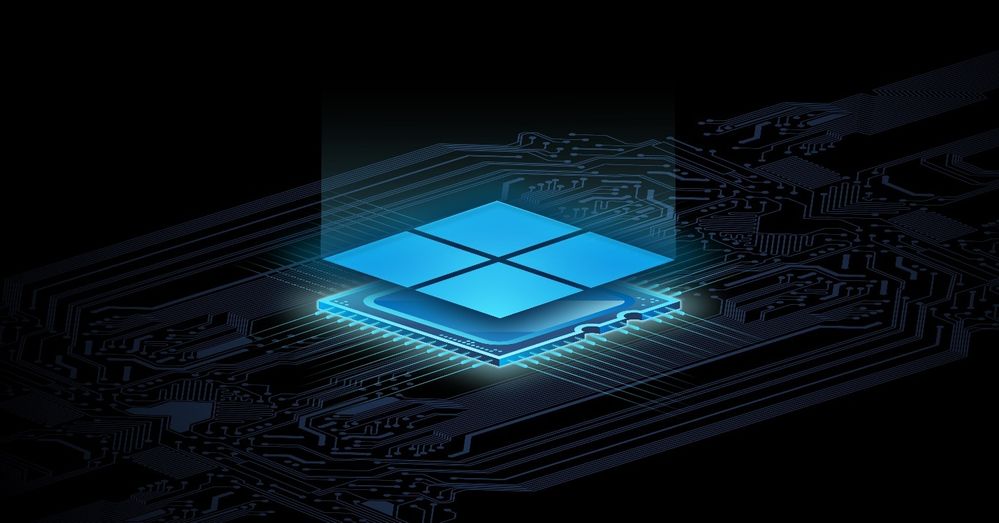 Illustration of the Microsoft Pluton security processor represented by a glowing Windows logo embedded in a circuit board, symbolizing advanced on-chip security features for Surface Pro and Surface Laptop devices