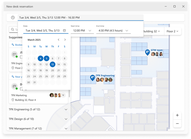 Desk reservation interface with floor plans showing team sections, with ability to book desk for multiple days and in hourly increments.