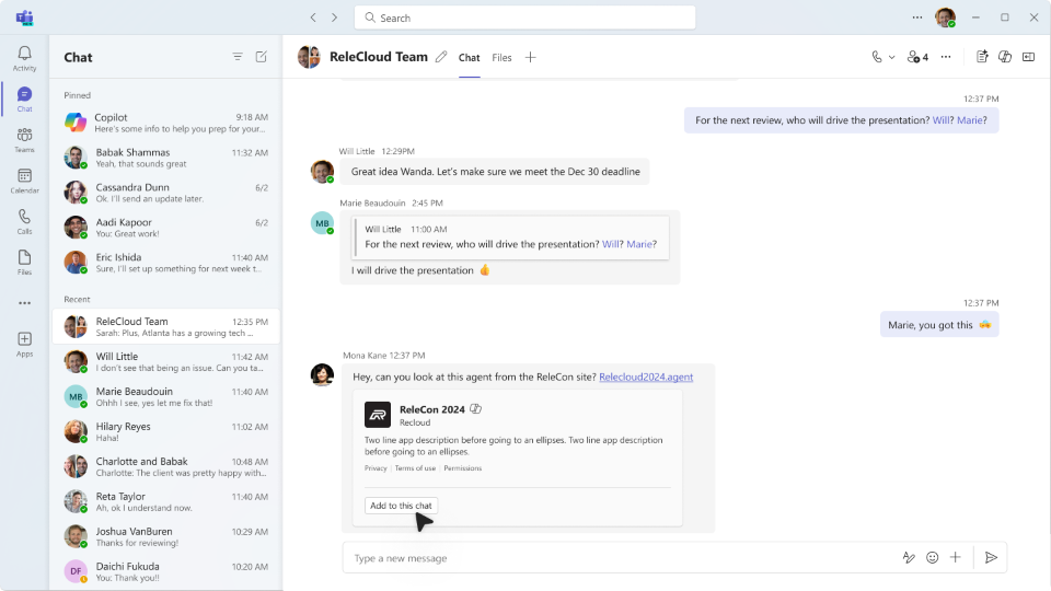 Teams chat with a link to add a SharePoint agent to the conversation.