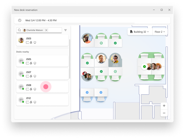 Desk reservation interface showing available desks, a floor plan, and indicators showing where specific colleagues have reserved desks.