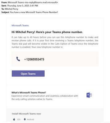 Teams admins can send emails notifying Teams Phone users of their newly assigned numbers.