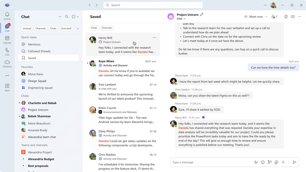 The Teams Chat window, showing the Saved message view.